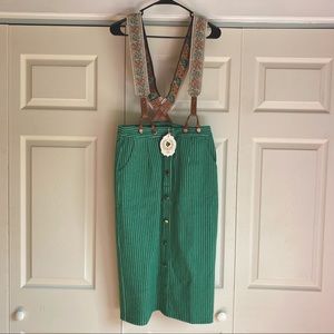 Cottagecore vintage green stripe suspender skirt